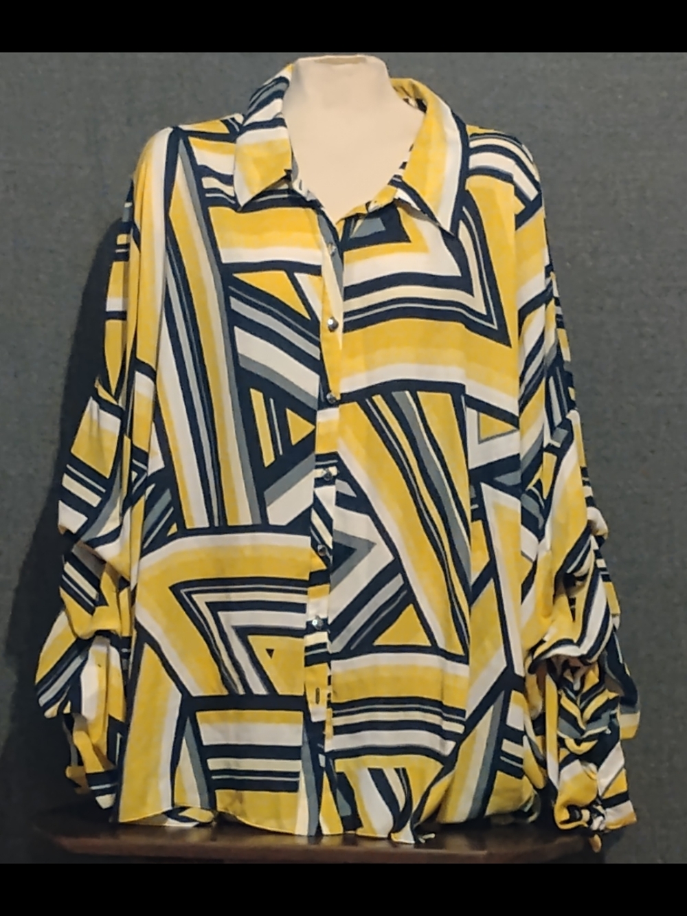 Ashley Stewart Yellow Black White Geometric Button-Front Blouse